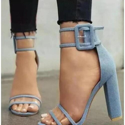 Women New Fashion Open Toe Blue Jean Patchwork PVC Transparent Thick Heel Sandals Ankle Strap Chunky High Heel Buckle Sandals