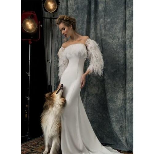 Feather Chic Prom Dress Off Shoulder Long Sleeves Evening Dress Custom Made Beads Floor Length Party Dress