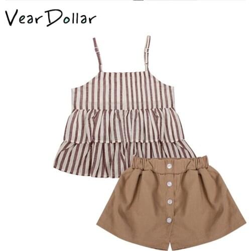 VearDoller Girls Clothing Set 2018 New Arrival Girls Fashion Striped Printed Ruffle Sling Tops+Solid Button Shorts Clothing Set
