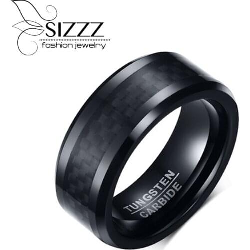 High Quality Tungsten Carbide Punk Style Mens Ring 8MM Black Carbon Fiber Inlay Wedding Band Ring Male Engagement Jewelry