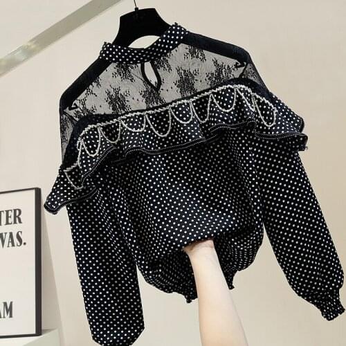 Industrial Beads Polka Dot Flounced Chiffon Joint Lace Hollow Out Thin Shirt Womens Tops Pullover Blouse Blusa Mujer
