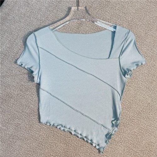Tight T Shirt Woman 2021 Summer New Korean Fashon All-Matching Sweet Irregular Oblique Hem Short T-shirt Girls Ladies Tops