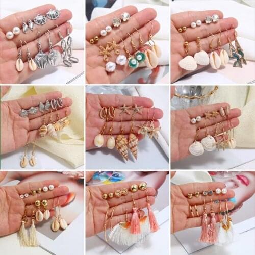 Womens Earring Set Shell starfish conch pearl Tassel Earrings leopard pattern resin Heart star geometric cartoon Earrings set