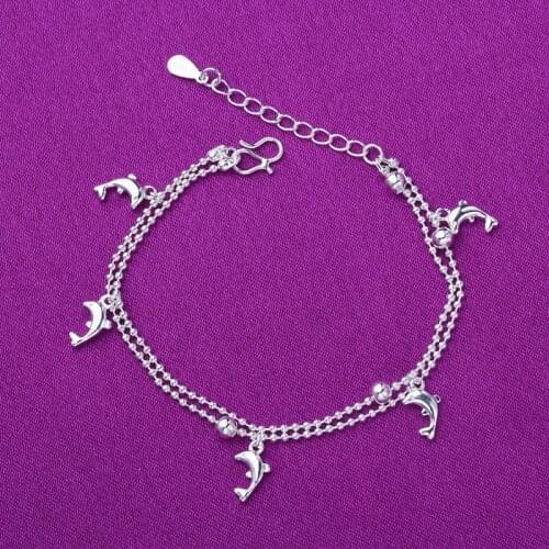 925 Sterling Silver Dolphin Charm Bracelets Double Layer Anklet Bracelets For Women Party Wedding Jewelry A180