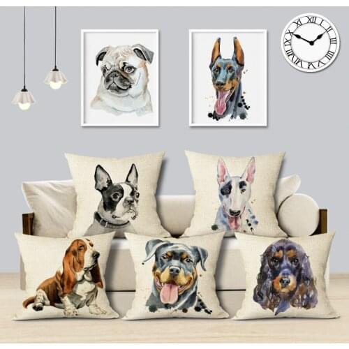 Watercolor Dog Cushion Covers New Design 45Cmx45Cm Cotton Linen Square Throw Pillows Home Sofa Car Decor Printing Pillowcase