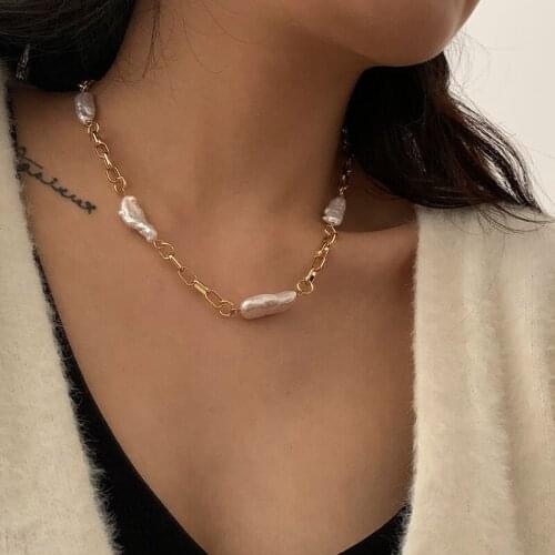 Gold Color Chunky Chain Baroque Pearl Necklace Elegant Freshwater Pearl Necklaces for Women Brass Wedding Party Jewelry 2020 Hot