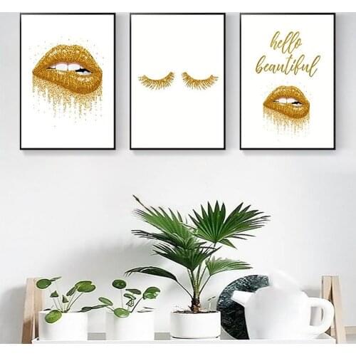 Golden Lips Eyelashes Canvas Painting Fashion Beauty Hello Beautiful Poster Modern Minimalist Living Room Porch Wall Art Picture
