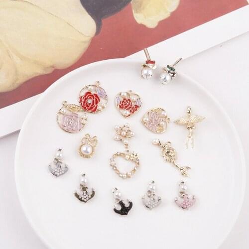 10pcs New Design Alloy Drip Oil Pendant Pearl Smiley Earrings Love Circle Mermaid Earrings For Girls Diy Jewelry Accessories