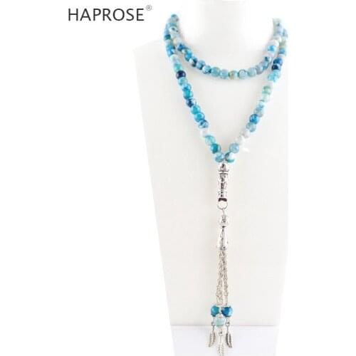 100% Natural agate Prayer Islamic Muslim tasbih Allah Rosary blue textured agate bracelets 99 beads blue 6-10mm tassel necklace