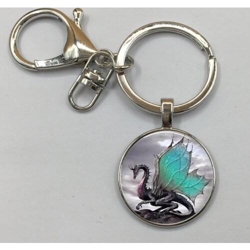 2/Color Blue Dragon Keychain Handmade glass dome Jewelry Long art Photo Keychain Charm Fantasy wing Dragon Jewelry