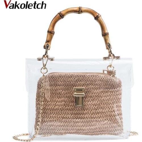 2020 Handbag With Bamboo Handle Summer Small Chain Crossbody Bags Ladies Straw Beach Bags Transparent Bag For Women KL477