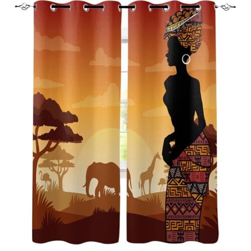Africa Woman Giraffe Elephant Silhouettes Curtain For Kitchen Living Room Bedroom Curtains Home Decor Window Treatments Drapes