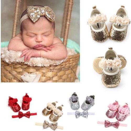 Citgeett Newborn Baby Girl Sequins Glitter Crib Shoes+Hairband Soft Sole Shoes Cute Summer Prewalker