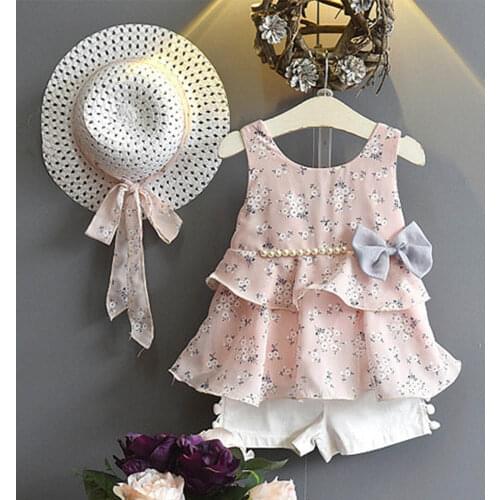 Amya Baby Toddler Short Sets Girls Summer Clothing Chiffon Sleeveless Floral Tops Short Pants Hat 3pcs Birthday Girls Outfits