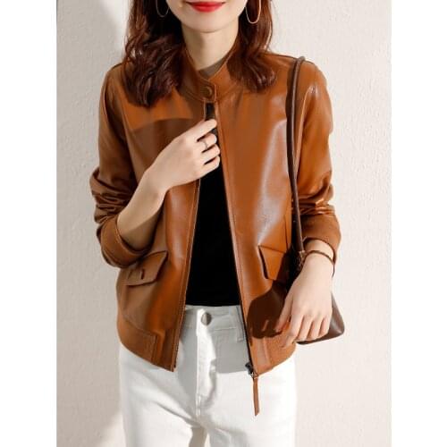 Fashion Leather Jacket Women Short Slim Real Sheepskin Coat Korean Style Motorcycle Womens Clothing Jaqueta Feminina WPY3847