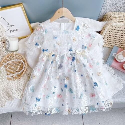 Fashion Kids Dresses for Girls Bow Tie Lace Flower Short Sleeve Princess Dress Summer Little Children Costume Party Vestidos