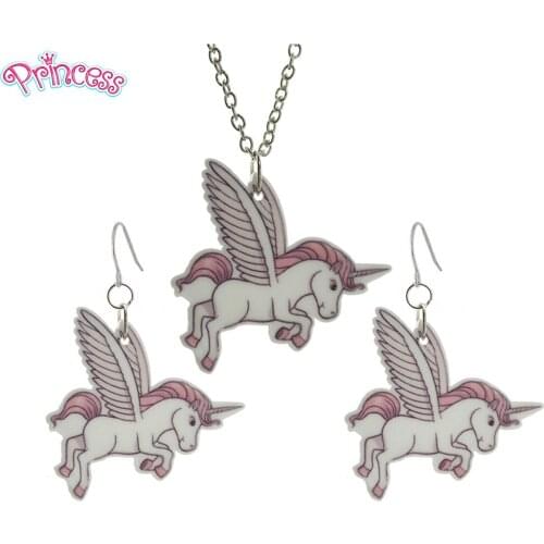 2019 Fashion Girls Kids Gift Jewelry Little Flying Unicorn Earring Pendant Short Chain Necklace Xma Gift Wholesale KS05