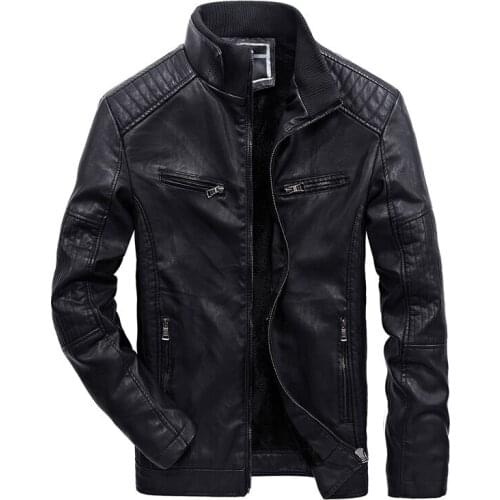 2018 Motorcycle Jacket Leather Mens Leather Jacket Fleece Lining Leather Jacket Black Plus Size Stand Collar Long Sleeve