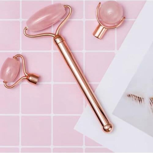 Natural Rose Quartz Jade Massage Roller Gouache Stone Facial Eyes Roller Massager For Face One Metal Rod Three Head Jade Roller