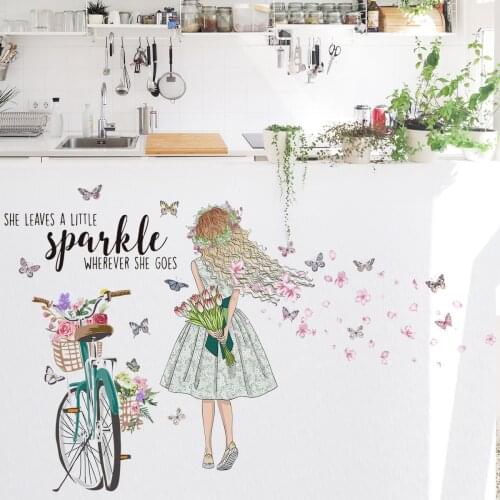 New Bicycle Flower Girl Wall Sticker Background Wall Living Room Bedroom Creative Wall Sticker Decoration