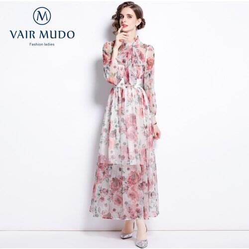 New Holiday Style Net Gauze Print Long Dress Womens Lace Bow Tie Long Sleeve Waist Dress Elegant Dress Chiffon Sweet Y-171