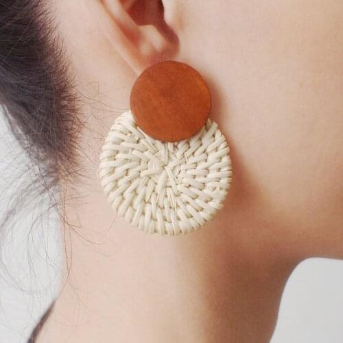 Originality Korean Fashion Piercing Ear Hanging Earrings Lovely Woman Earrings Wooden Rattan Geometry Circular Boho Earrings