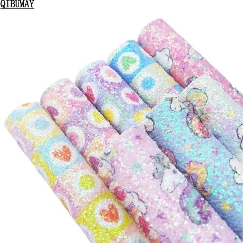 QIBUMAY A4 Printed Chunky Glitter Fabric Unicorn Hearts Faux Leather Sheets DIY Hairbow Earring Accessories Handcrafts Supplies
