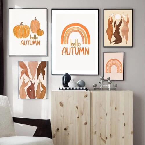 Nordic Abstract Woman Thick Thighs Poster Hello Autumn Quote Wall Art Canvas Prints For Home Minimalist Decor Rainbow Paintings