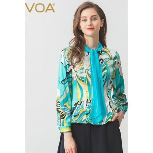 VOA 28m/m Silk Satin Scarf Collar Long - Sleeved Open Blue-white-yellow Impact Color Ladies Spring and Autumn Flower Shirt B9159