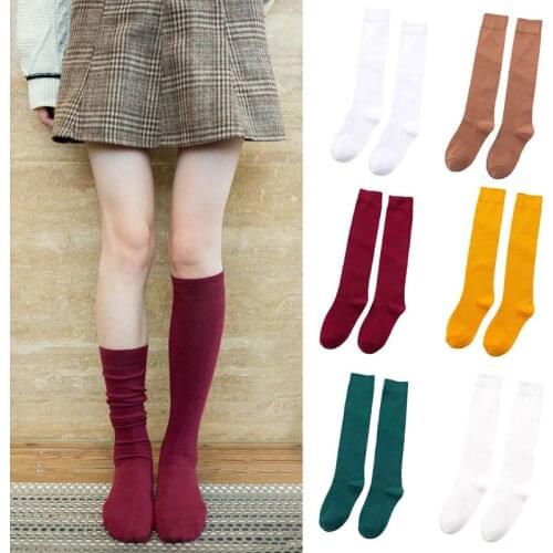 Japanese Women Girls Autumn Cotton Knee High Socks Harajuku Sweet Candy Color Ribbed Knit Student Warm Stockings