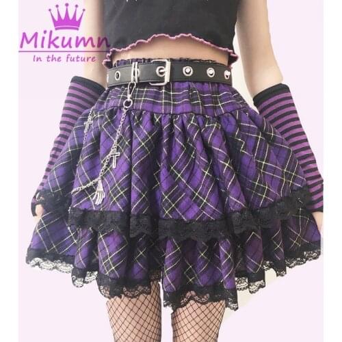 Japanese Harajuku Girls Purple Plaid Pleated Skirts Gothic Punk Sweet Lolita Cake Mini Skirt Ball Gown Women Kawaii Short Skirts