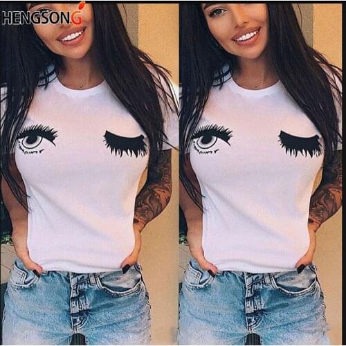 T Shirts Women 2020 Summer Causal Short Sleeve T Shirts Cotton Women White Round Neck Wink Eyes Print Cute Tee
