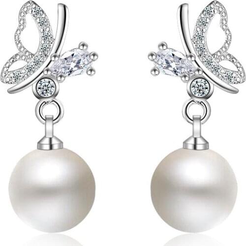Hight Quality Jewelry 2017 New Fashion Butterfly Design Shiny Zircon Pearl 925 Sterling Silver Stud Earrings for Women Gift