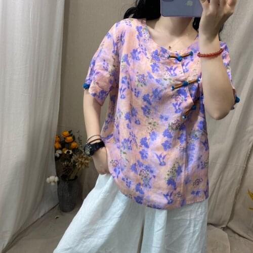 Women Loose Ramie Shirts Ladies Summer Printed Ramie Tops Female 2020 Print Ramie Blouse