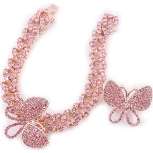 Rose Pink Butterfly Cuban Bracelets For Women With 1 Brooches Breastpin Hip Hop Jewelry Set Link Chain Rock Punk Wife Gift Cz
