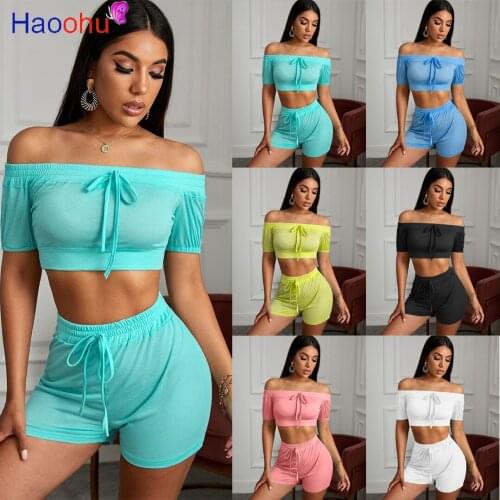 Women Fitness Two Piece Set Lounge Wear Outfit Slash Neck Short Sleeve Crop Top And Biker Short Sweatsuits Summer Matching Suits