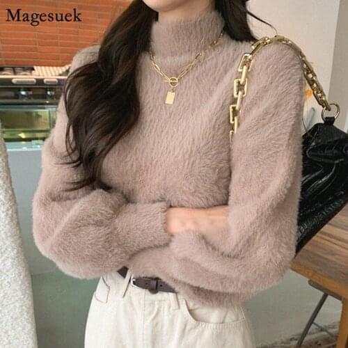Winter Cashmere Sweater Women Fashion Lantern Sleeve Soft Woman Sweater Pullovers Vintage Half High Neck Jumper Sweaters 16532