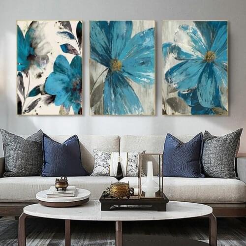 Abstract Poster Blooming Life Botanical Vintage Blue Paint Flowers Canvas Painting Print Wall Art Picture Living Room No Frame