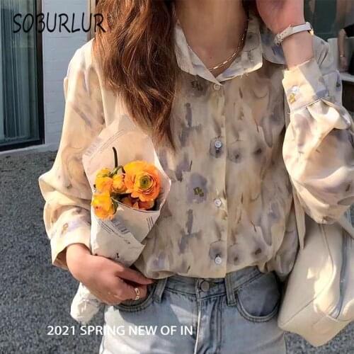 SOBURLUR Chiffon Womens Shirt Blouses 2021 Spring and Summer New Loose Top Floral Blouse Thin Sunscreen Shirts Oversize Tops