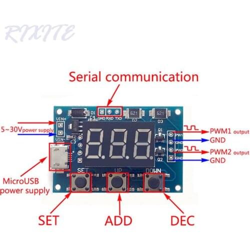 DC5-30V/Micro Usb 5V Power Independent PWM Generator 2 Channel Dual Way Digital LED Duty Cycle Pulse Frequency Board Module