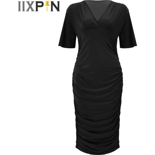Femme Womens Dresses Plus Size Ladies Ruched Waist Bodycon Dress Sexy Women Deep V Neck Wrap Dress Ladies Casual Sheath Dress