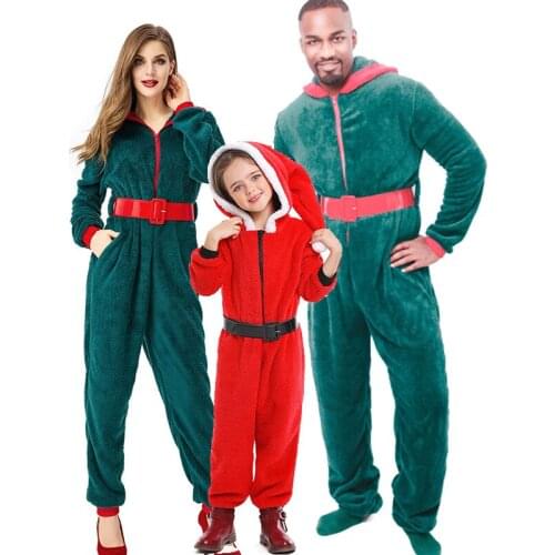 Unisex Parent-Child Carnival Christmas Santa Claus Costume Green Red Hooded Jumpsuit Mascot Cosplay Fancy Party Dress