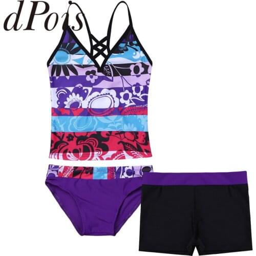 3Pcs Teens Kids Floral Printed Swimwear Girl Tank Tops with Bottoms Shorts Tankini Girls Bikini Set 2019 Swimsuit Age 4 to 16