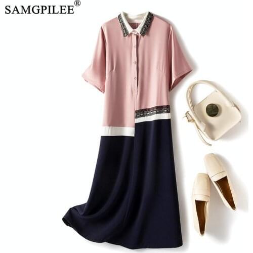 Summer Clothes For Women 2021 New Office Lady A-line Patchwork Short Sleeve Knee-length Lace Turn-down Collar Woman Dresses 4XL