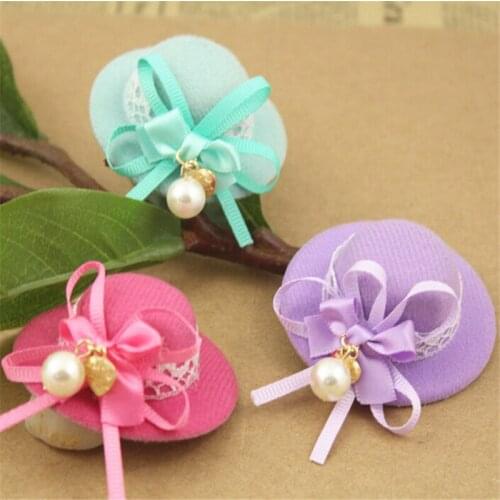 Newest 20PCS 2D Wool Women Hat Shape with Ribbon Bow Pearl Charms Decorated for Girl Princess Hair Jewelry Clip Headdband Decor