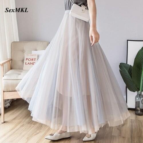 New Fashion Tulle Long Skirt Women 2021 Summer Casual High Waist Ball Gown Pleated Skirt Korean Style Elastic Waist Tutu Skirts