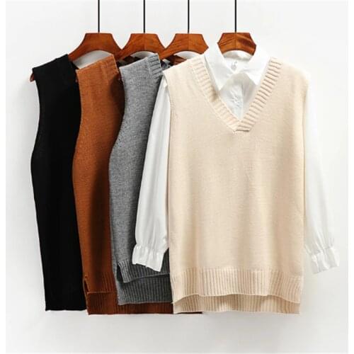 New V Neck Girls Pullover Vest Sweater Autumn Winter Gray Knitted Women Sweaters Vest Sleeveless Warm Sweater Casual Oversize