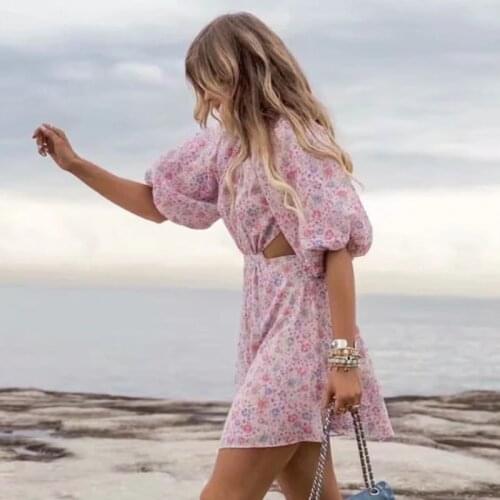 Foridol Sexy Backless Purple Summer Chiffon Dress Women Puff Sleeve Beach Boho Dress Lace Up Floral Print Vintage Women Clothes