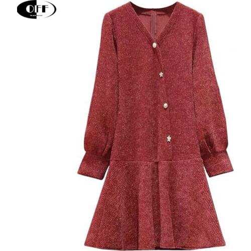 Christmas Autumn Women Red Dress Long Sleeve V-Neck Star Buttons Party Evening Elegant Girls Dresses Chic Korean Clothes Female