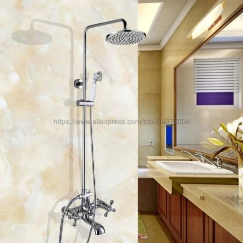 Polished Chrome Shower Set Faucet Dual Handle 8" Rain Bath Shower Kit with Handshower Rotate Tub Spout Wall Mounted Ncy320